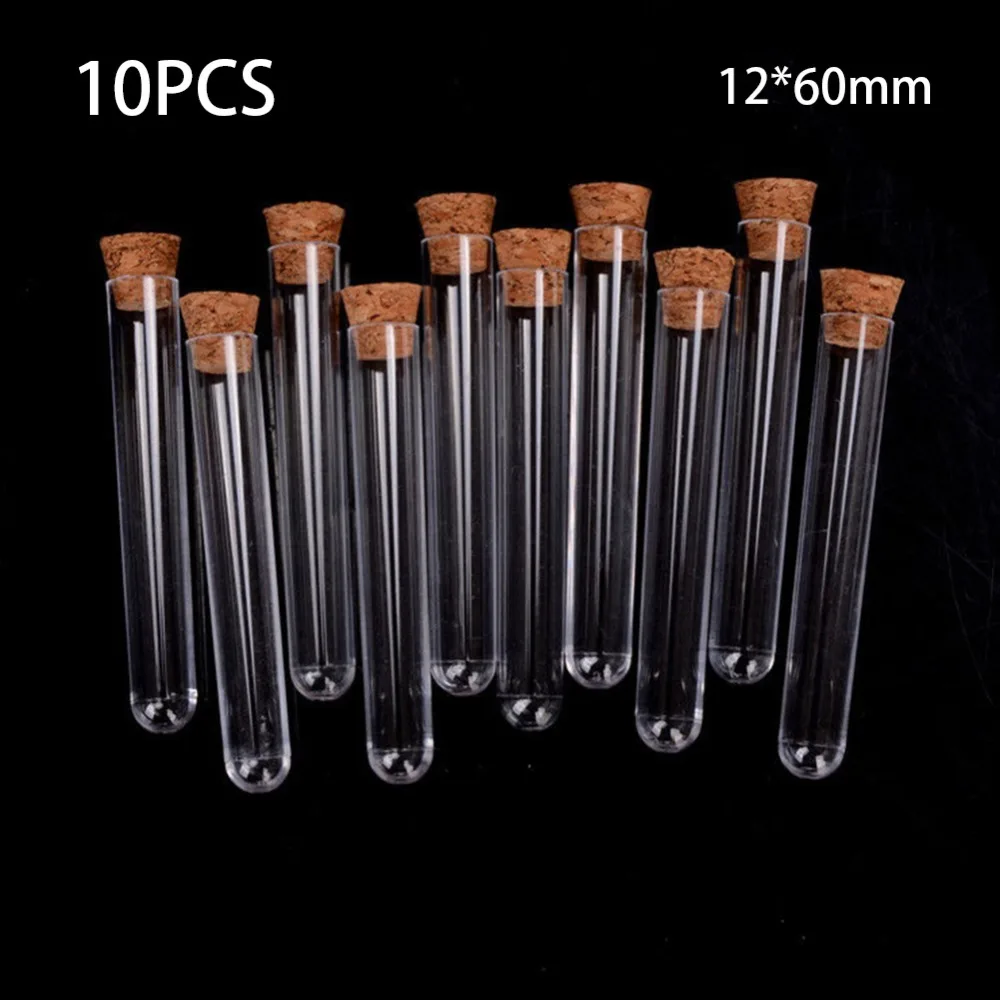 

10pcs/lot 12*60mm Transparent Plastic Round Bottom Test Tube With Cork Stoppers Empty Scented tea Tubes