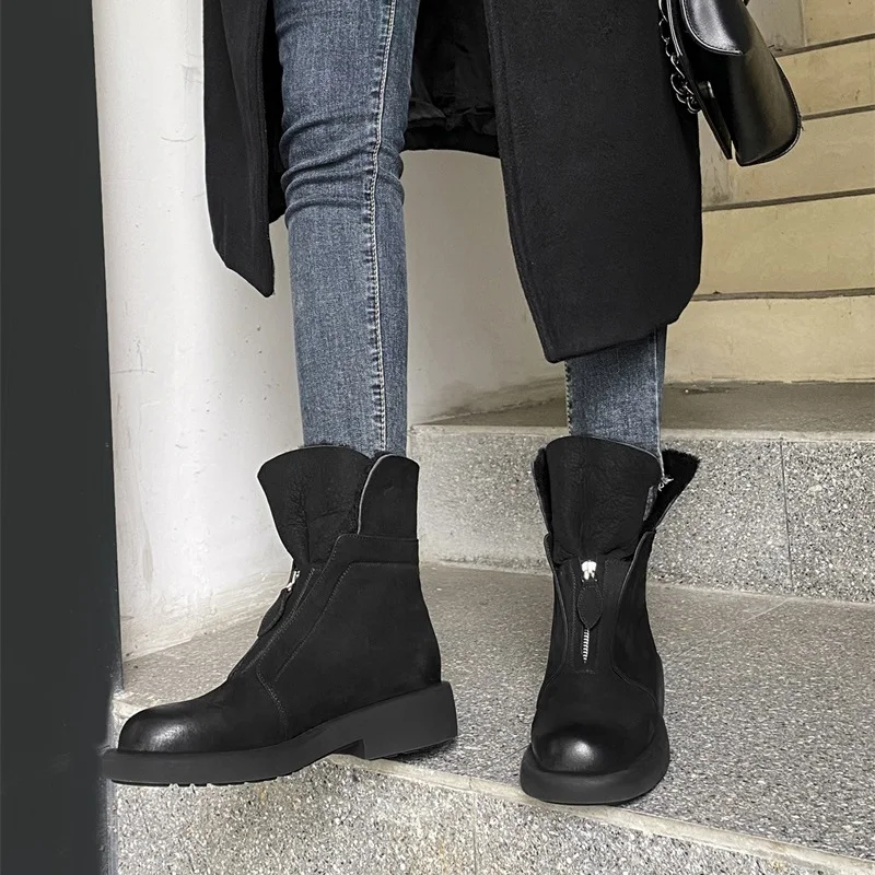 

high-quality genuine leather fur winter snow boots keep warm thick wool women ankle boots outdoor shoes woman black short boots