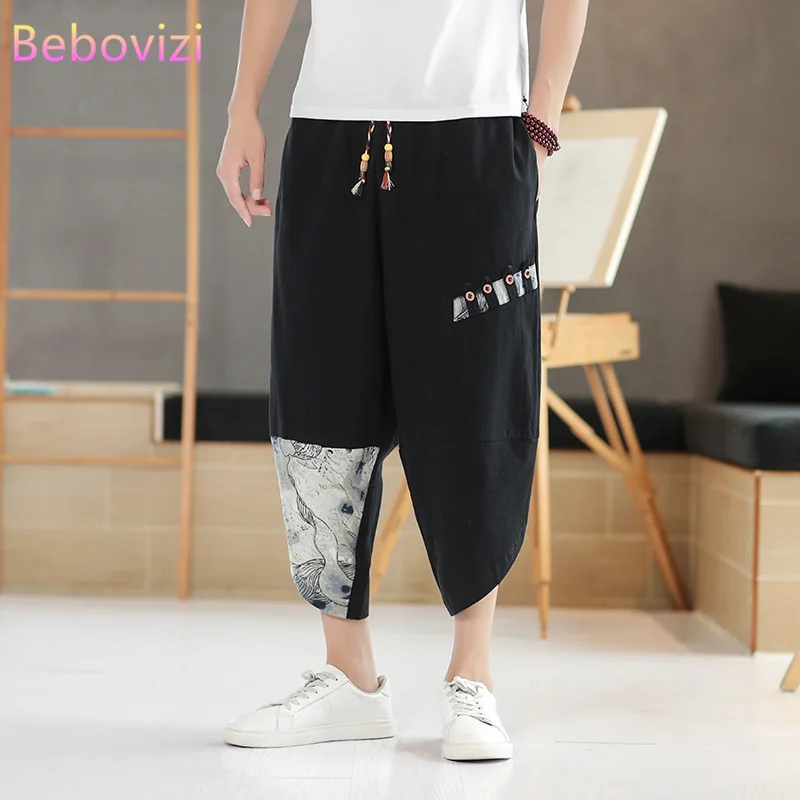 

Plus Size M-5XL 2021 New Summer Chinese Style Cotton and Linen Harem Pants for Men Navy Blue White Black Gray Thai Kimono Pants