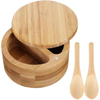 compartment bamboo salt pepper box with magnetic swivel lids and 2 pieces mini bamboo spoons for kitchen tool