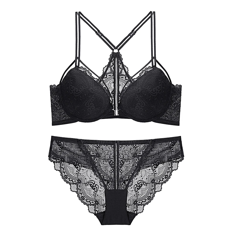 Кружевной бюстгальтер с вышивкой и трусики пуш ап застежкой спереди комплект