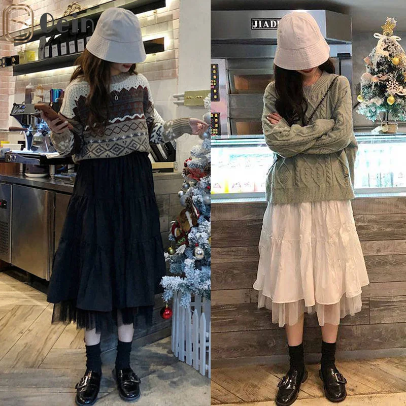 

Oein Boho Long Skirts for Women Skirt Harajuku Korean Style White Black Maxi Skirt Tutu Pleated High Waist Midi Dress