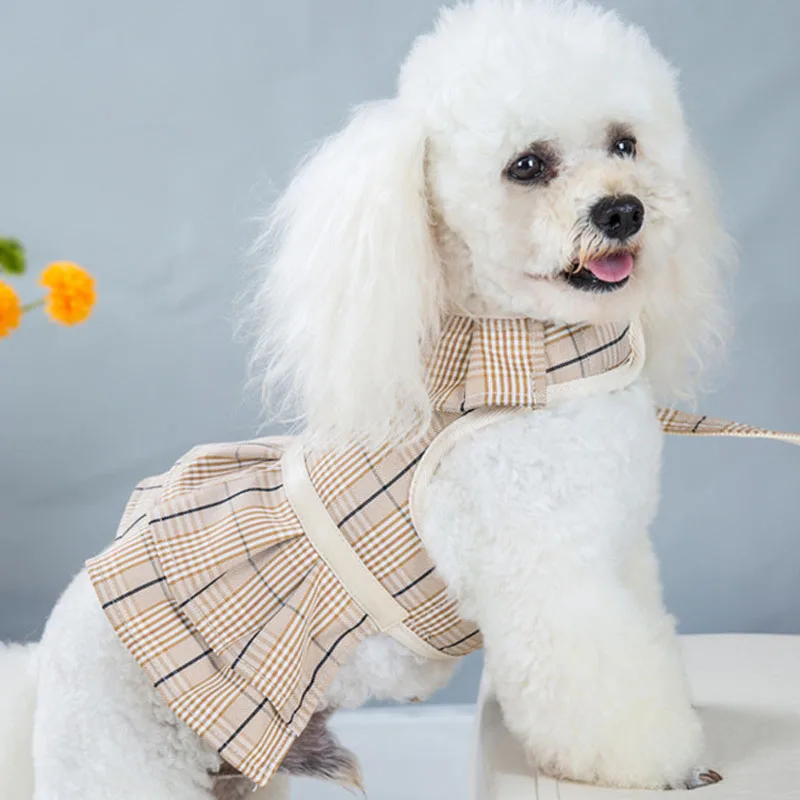 Новое платье для собак и кошек одежда с поводком дышащая сетчатая клетчатая юбка