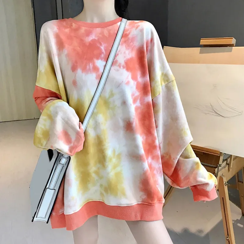 Краска для женщин толстовки свободные Crewneck Осень Корейская Толстовка Harajuku Повседневный пуловер бег kpop флис опрятный толстовки