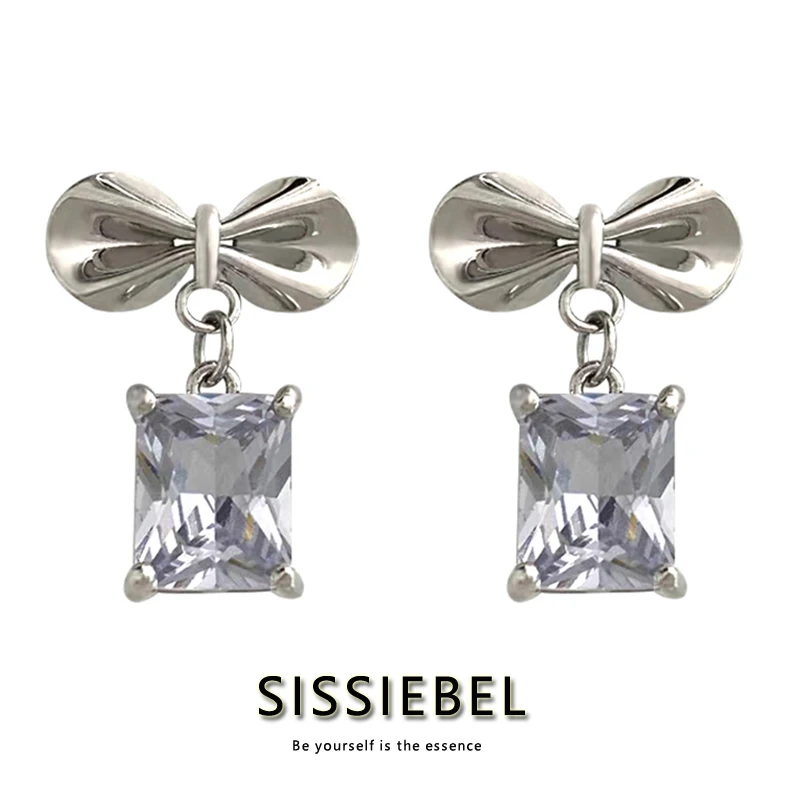 

Young Girl's Elegant Silvery Bow Square Stone Pendant Earrings Korean Fashion Jewelry Party Sweet Accessories For Woman in 2021
