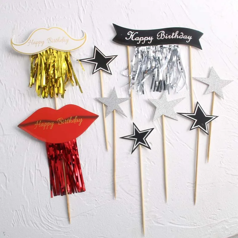 DIY Украшение торта выпечки Золотая кисточка бороды красные губы шар баннерная