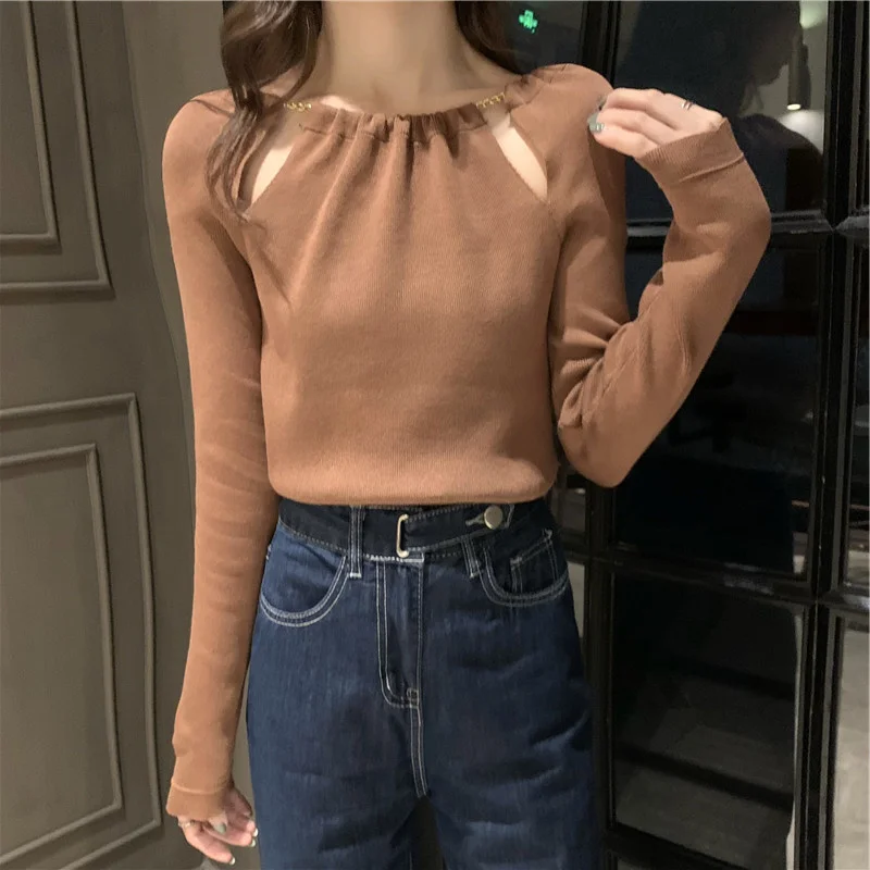 

Осень 2021, новый дизайн, рубашка с длинным рукавом и цепочкой, подходящий ко всему свитер, Топ для женщин