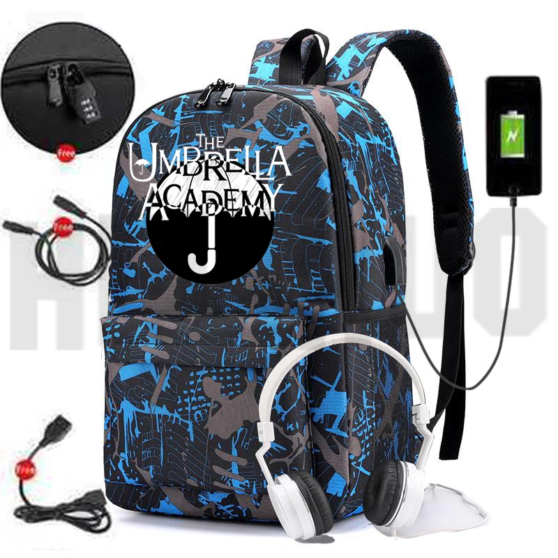 

Canvas Backpack Men Hot Anime Bookbag The Umbrella Academy Backpack Zipper USB Charging Anti-theft School Bags for Teenage Girls