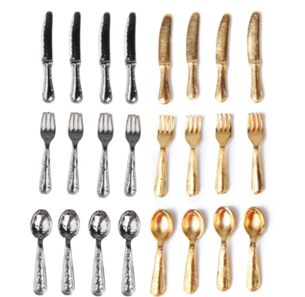 

12 Pcs/set Classic Pretend Play Kitchen Furniture Toy 1/12 Dollhouse Miniature Stainless Steel Tableware Set for Kids