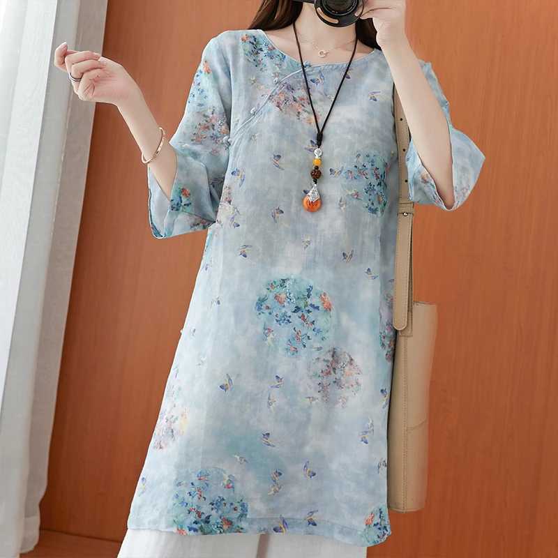 Летняя винтажная свободная футболка средней длины в этническом стиле с косым