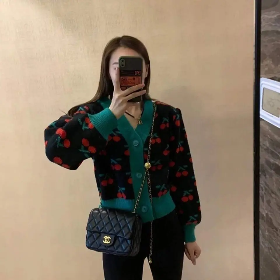 

Thick knitting cardigan coat women's short spring and autumn new sweet temperament printing fashion loose sweater