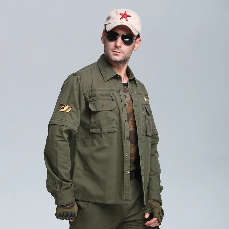 Outdoor Military Style Multifunctional Men's Cotton Long-sleeved Shirt Removable Sleeves Men's Tooling Jacket Men Clothing