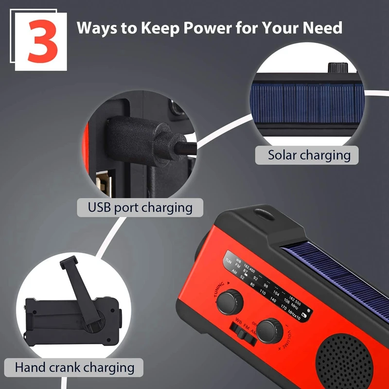 Солнечная аварийная AM FM WB радио с фонариком SOS тревога Динамо рукоятка НОАА 2000MAh