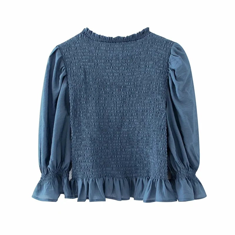 

spring and autumn fashion retro sexy elastic blue suit bubble sleeve pleated top irregular fold lotus leaf skirt two-piece suit
