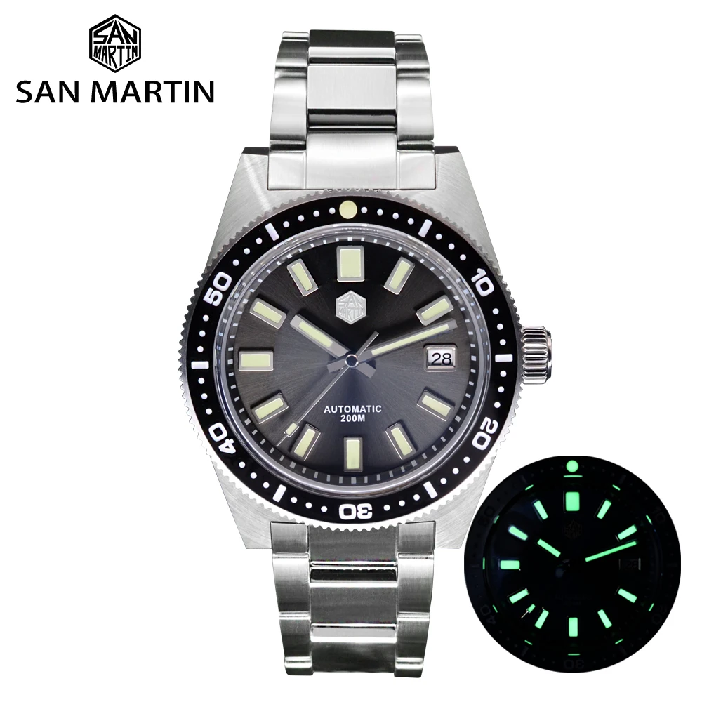 

San Martin 62mas V4 40mm Diver Mens Watch Sapphire Glass Applied Logo NH35 Automatic Mechanical Watches Bracelet Date 20Bar Lume