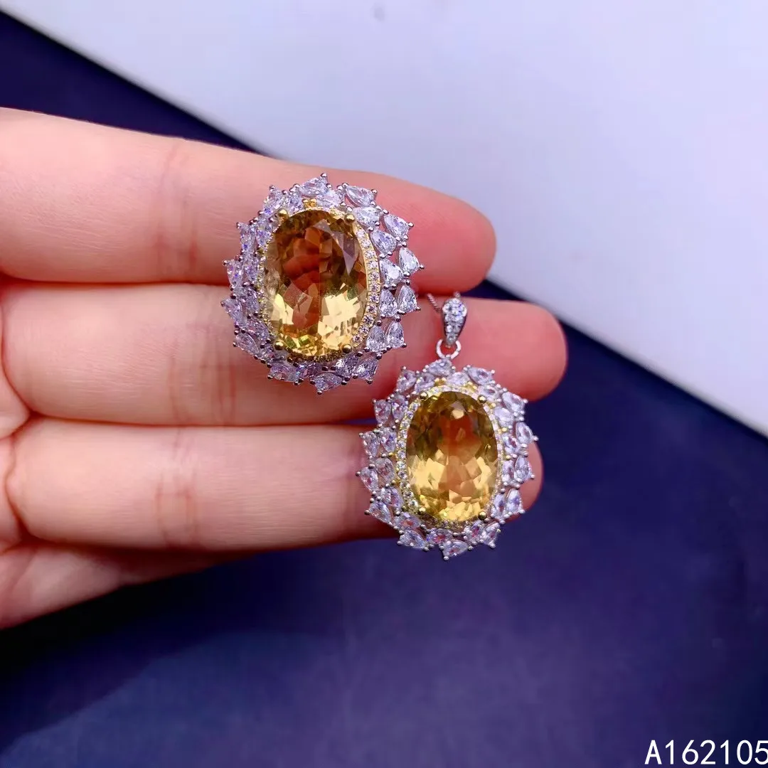 Fine Jewelry 925 Pure Silver Chinese Style Natural Citrine Women's Luxury Popular Oval Gem Pendant Adjustable Ring Set Support