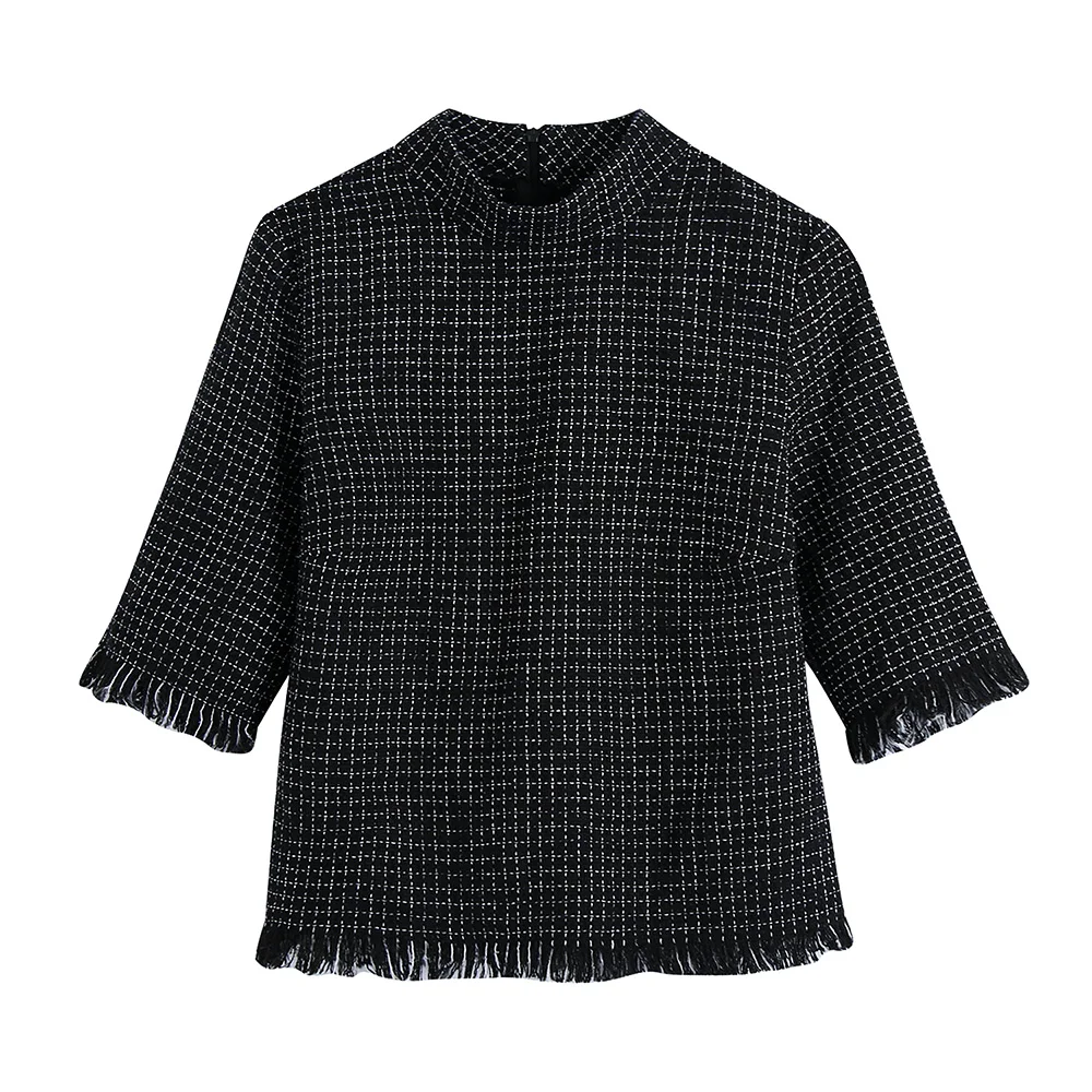 

Blouses For Women 2021 Office Lady Elegant Frayed Trim Black Checked Blouse Top Short Sleeve Mock Neck Back Zipper Tweed Blouses