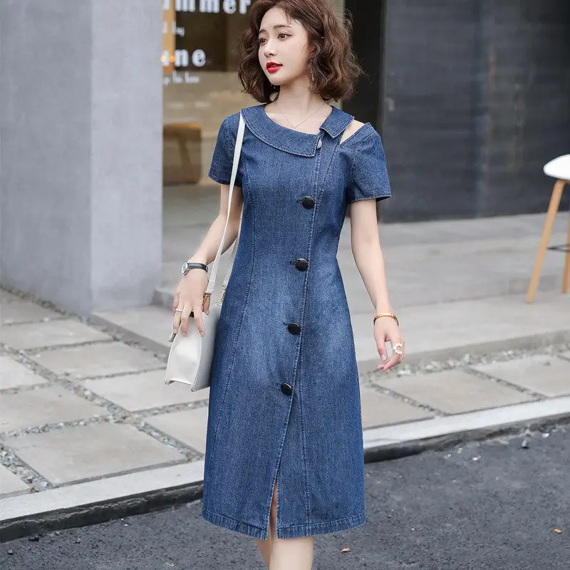 

Korean Denim Dress Female 2020 New Slim High Waist Summer Short-sleeved Thin Section A-line Dress Midi Femme Jeans Vestidos K136