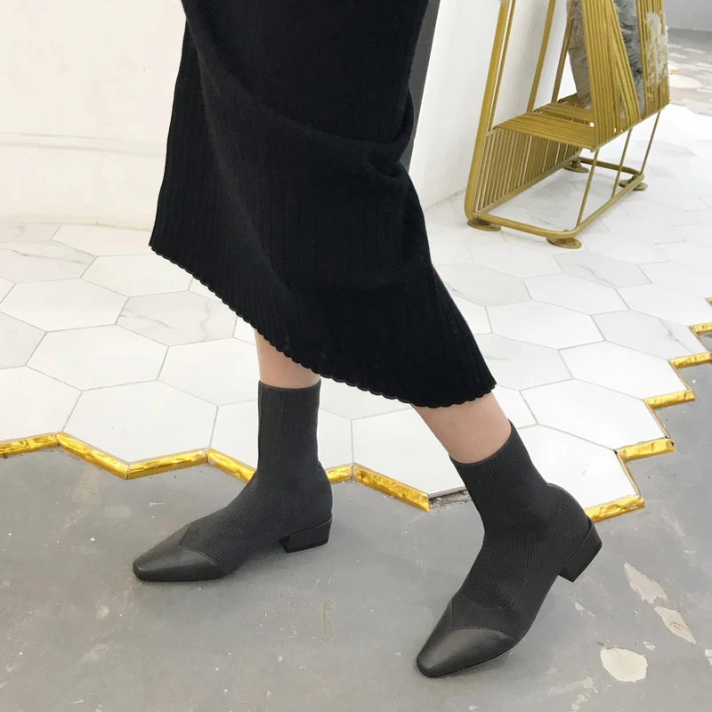Fashion Ankle Sock Boots Women Block Heels Shoes Stretch Fabric Knitting Winter Booties Female Bootee Woman 2019 Gothic Style | Обувь