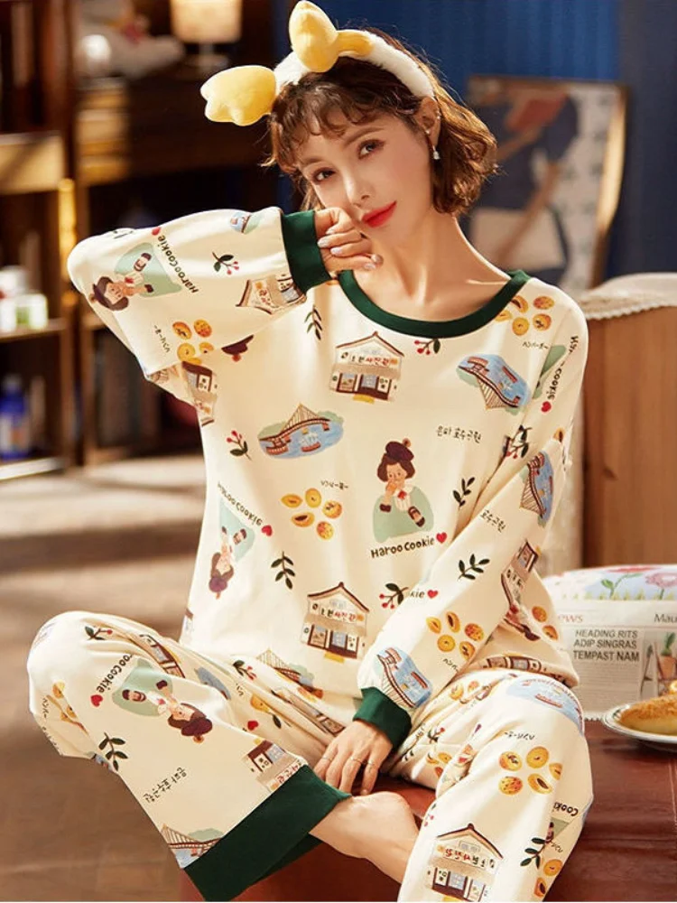 Korean Style Pajamas Spring and Autumn New Long-sleeved Trousers Loose Girl Sweet Student Pajamas Home Service Two-piece Suit