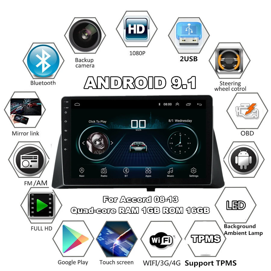Для Honda Accord 08 13 10 1 ''Android 9 четырехъядерный ОЗУ Гб ПЗУ 16 Автомагнитола GPS WIFI 3G 4G BT