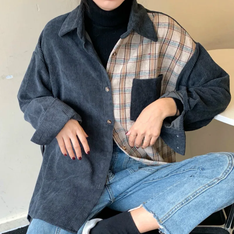 

Shirts Women Solid Button Pocket Casual Patchwork Turn-down Collar Corduroy Chic Loose Retro Long Sleeves All-match Popular New