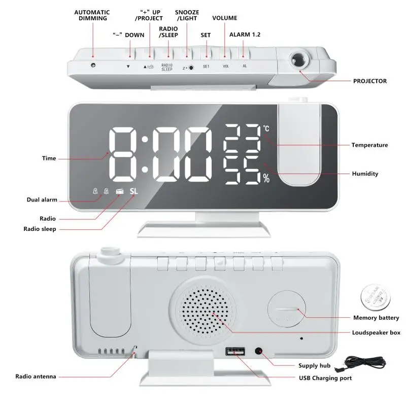 

LED Digital Alarm Clock Radio Projection Temperature And Humidity Mirror Projection Clock Electronic Desktop Clocks For Bedroom