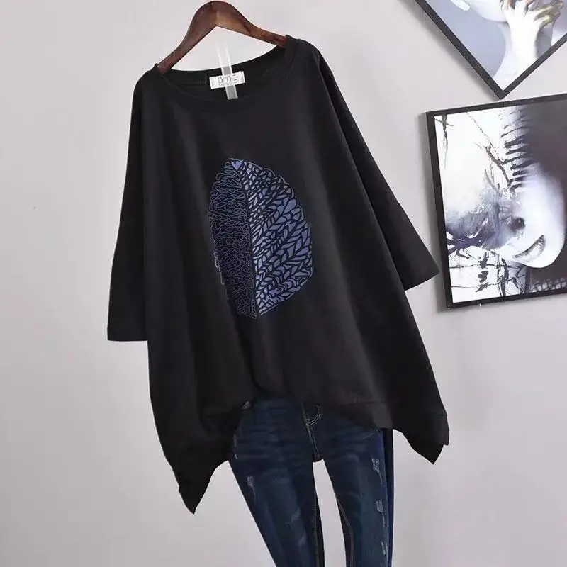 

Comfort Large Big Plus Size Summer Casual Mid-Length Long Loose Elastic Women T Shirt Lady Tops Tees With Sleeve Female Clothing