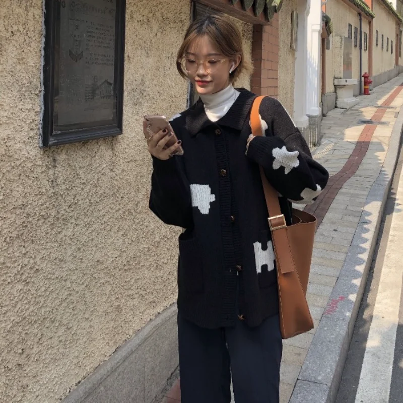 Gagarich Woman Knitting Cardigan 2021 Autumn New Loose Korea Lazy Style Ins Turn Down Collar Single Breast Female Puzzle Sweater |
