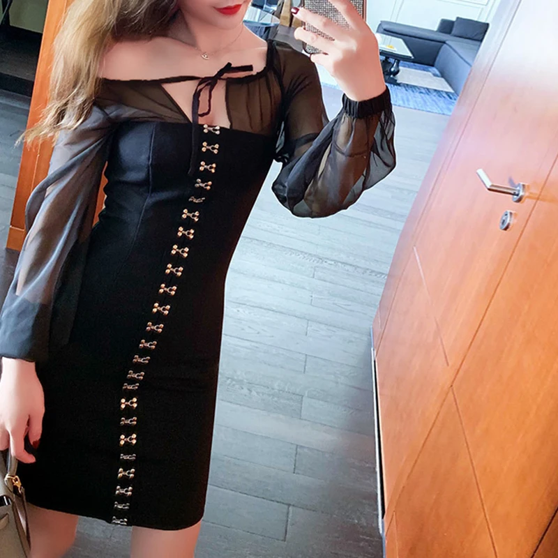 INDRESSME Новинка года Vestidos для женщин Sexy Глубокий V средства ухода за кожей Шеи Длинный кружевной рукав спинки выдалбливают кружево платье Вечерние клубн