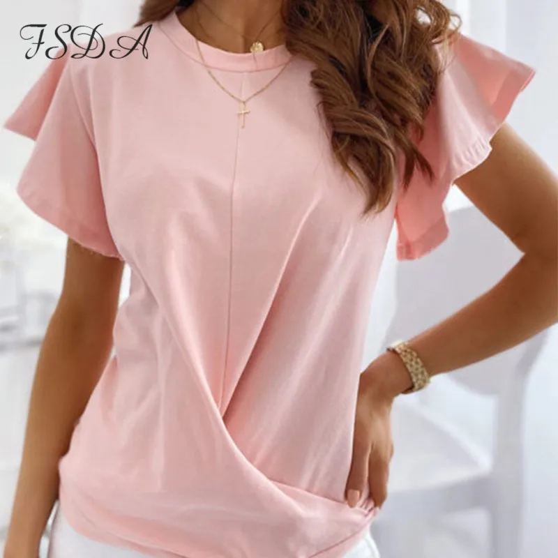 Женская футболка с оборками и коротким рукавом круглым вырезом | одежда