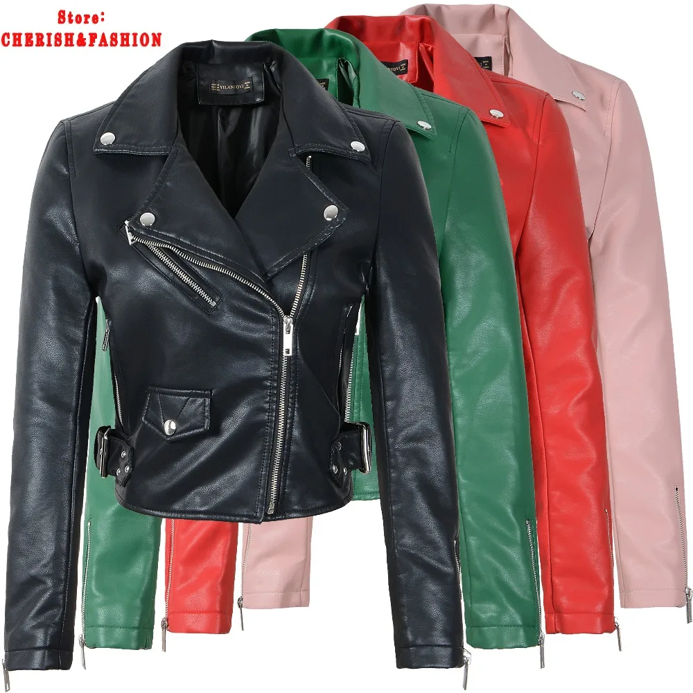 

Hot Sale Red Leather Jacket Women Short White Motorcycle Biker Jackets Veste Cuir Femme Pink Black Soft Coats Blouson Cuir Femme