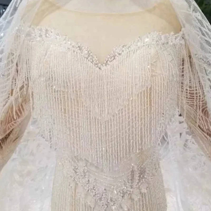 Женское свадебное платье с юбкой-годе LSS357 круглым вырезом длинными рукавами и