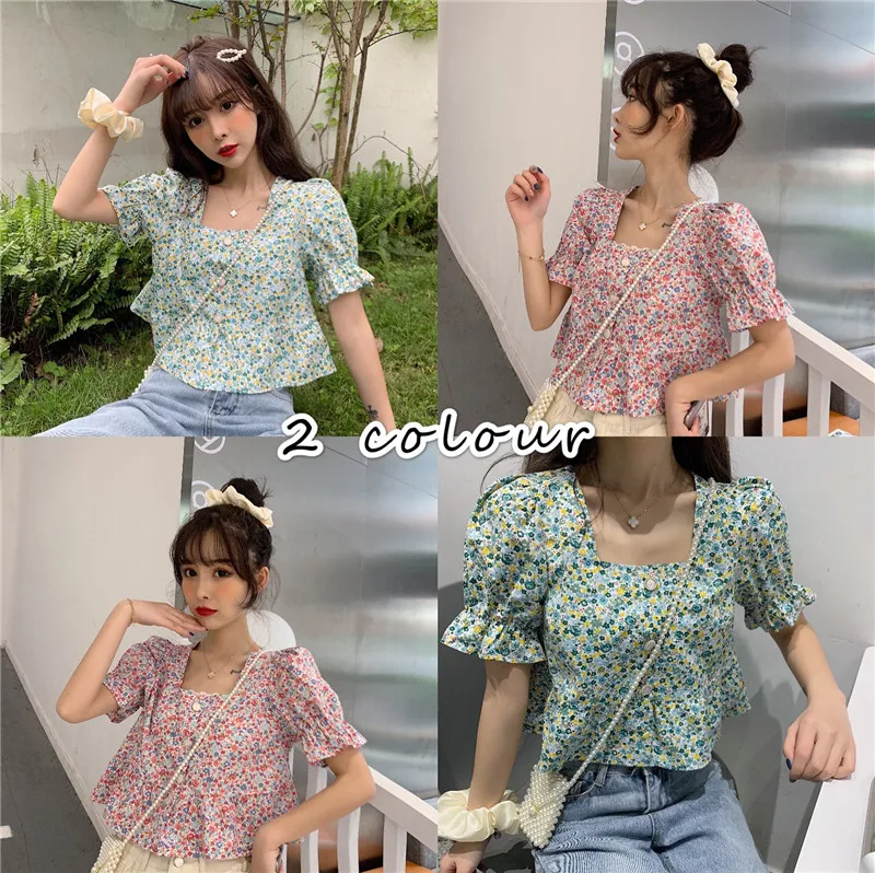 

Top Women's Design Sense 2021 Early Spring Korean Chic Vintage Floral Square Collar Puff Sleeve Short Shirt Fashion