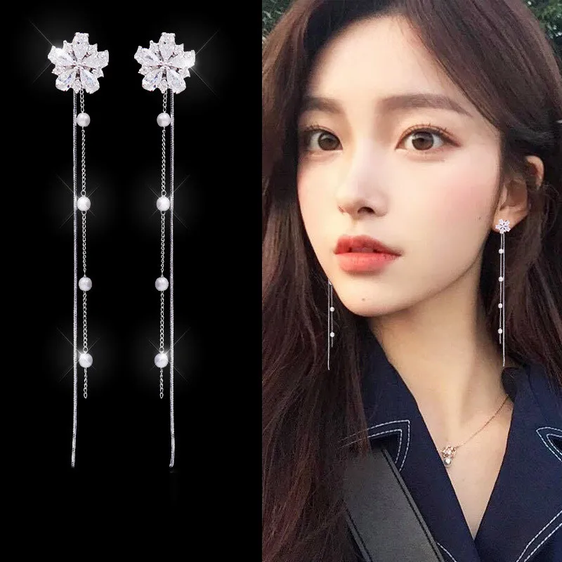 Temperament flower earrings pearl Korean style tassel pendant long personality cold and versatile female | Украшения и аксессуары