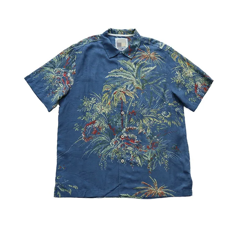 Мужская шелковая рубашка с принтом, синяя гавайская рубашка с коротким рукавом и цветочным рисунком, рубашки Европейского американского размера плюс, летняя пляжная рубашка большого размера, шелк