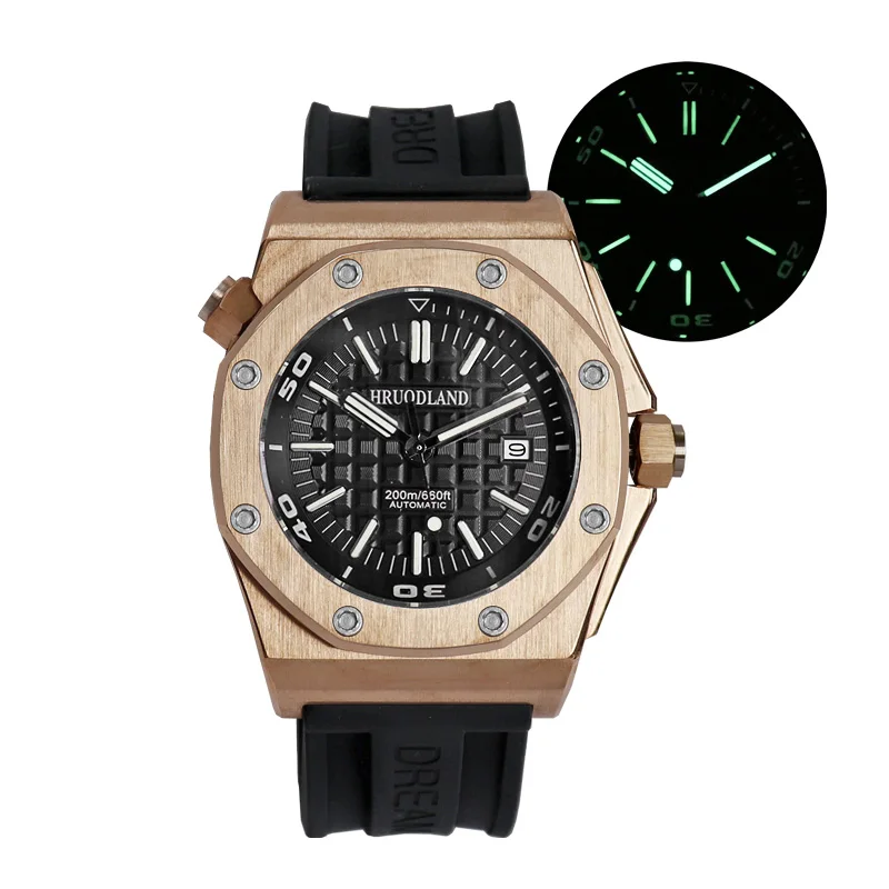 

Hruodland Bronze Watch Miyota 9015 Movement Sapphire Crystal Rubber Band Diving Watch 200m Waterproof C1 Green Luminous