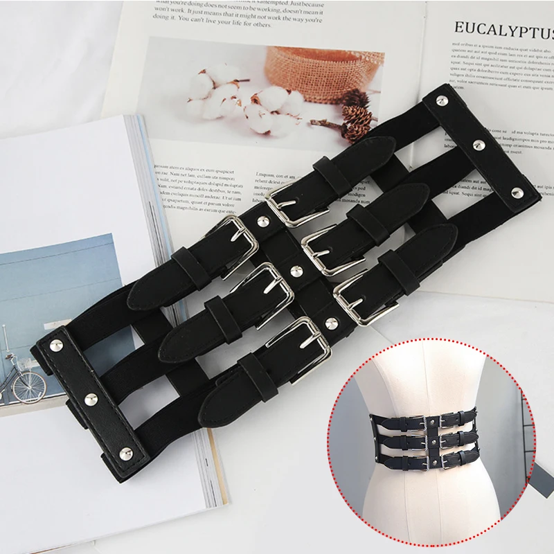 

1PC Vintage 3 Straps Belts Women Lady Fashion Soft Faux Leather Elastic Belt Dress Slimming Corset Black Punk Waistband
