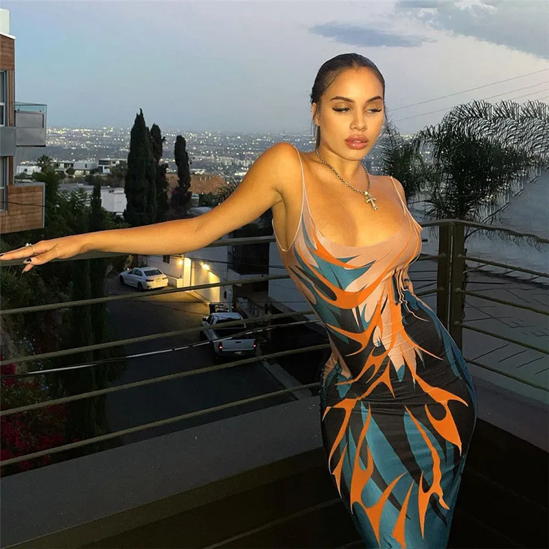 

2021 Autumn Evening Dress Women Print Spaghetti Strap Regular Sleeveless Vestidos Sexy Slim Hollow Out Fashion Female Dress Robe