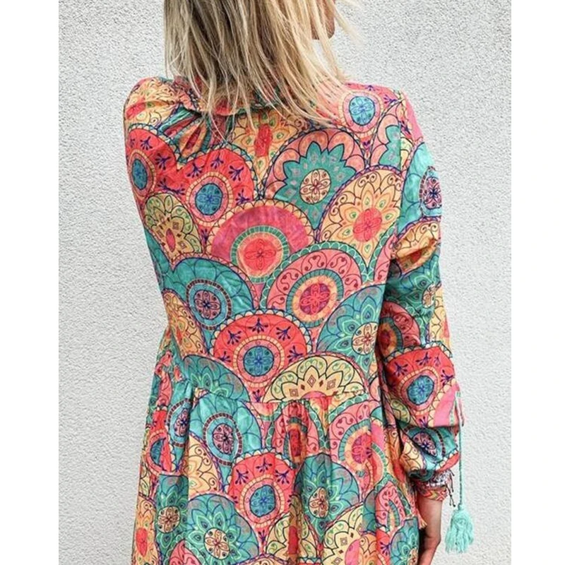 

WEPBEL Dress Summer Printed Loose Fashion Tassel Dress Women's Casual Long Sleeve V-neck Dress