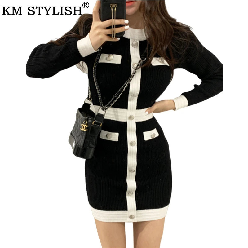 

2020 Spring New Women Clothings Elegant feminine small fragrance single-breasted black knitted dress