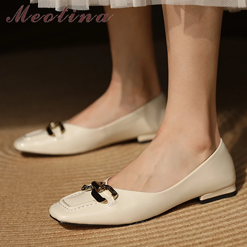 

Meotina Women Shoes Natural Genuine Leather Flat Shoes Metal Decoration Square Toe Ladies Footwear Spring Autumn Caramel White