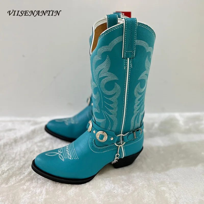 

Blue Embroidered Western Cowboy Boots Knight Riding Boots Retro Mid-tube V-mouth Chain Pointed Toe Classic Sleeve Fashion Boots