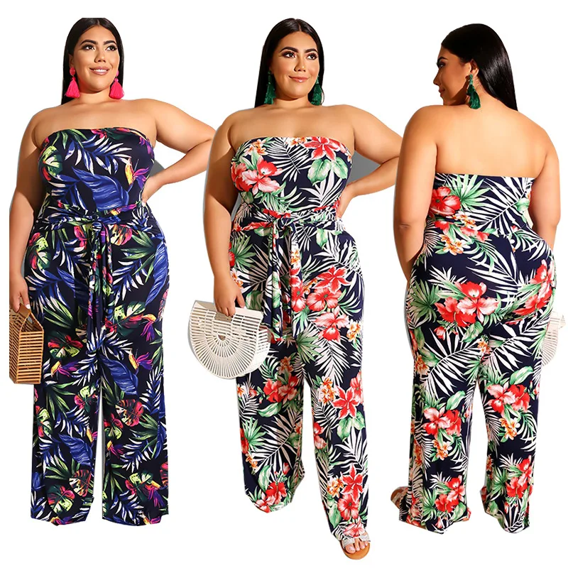 

Plus Size Women's Clothing Fashion Casual Temperament Commuting Wrapped Chest Strapless Bowknot Printed Loose Straight Jumpsuit