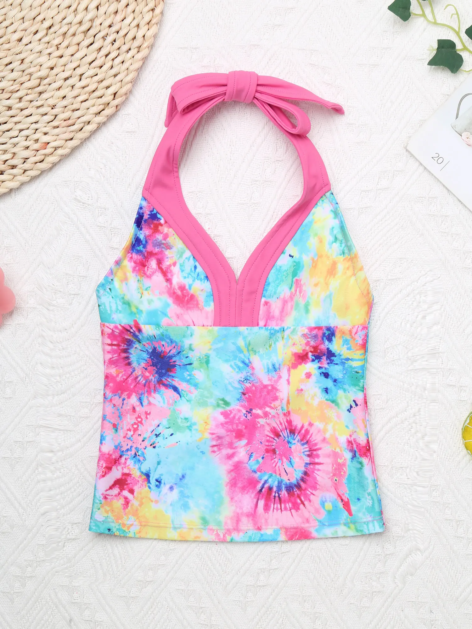 Детский купальник для девочек с лямкой на шее топ эластичным поясом женский