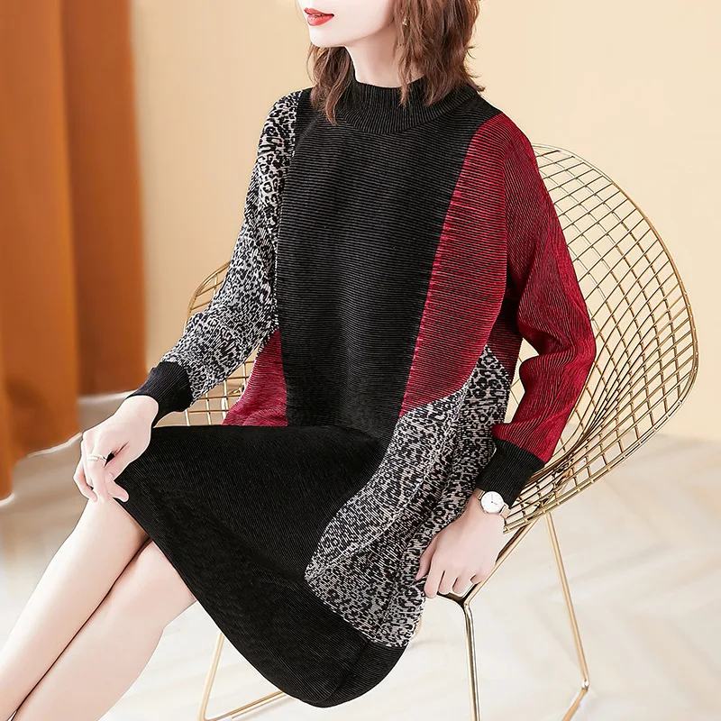 

Women's Dress Plus Size For Female 45-75kg 2020 Autumn Winter Patchwork Stand Collar Long Sleeved Loose A-Line Miyake Pleated