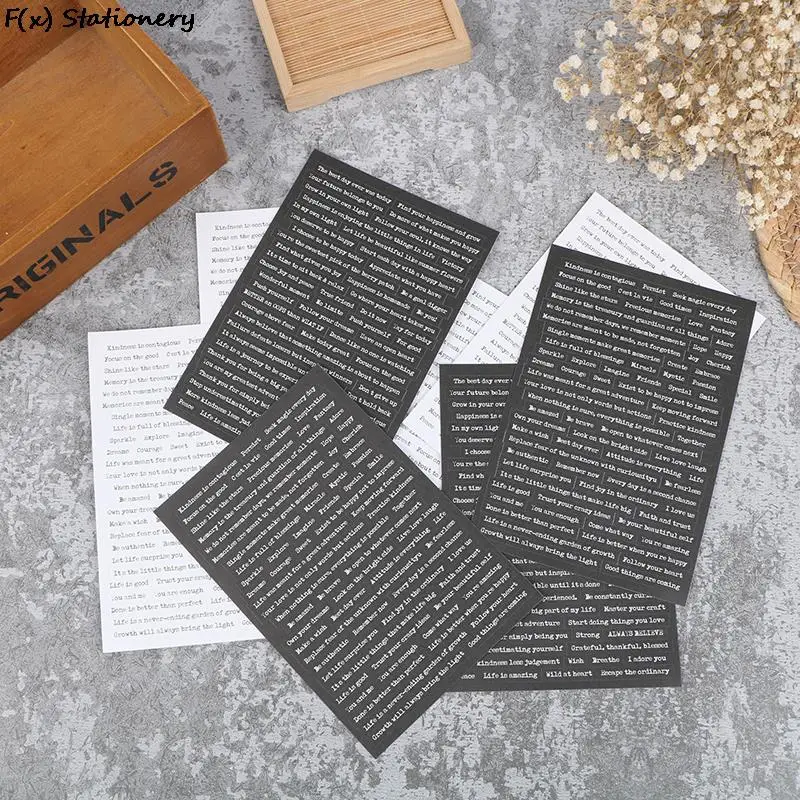 

8 Sheets Black White Words Phrase Stickers Scrapbooking Material Paper Label Diary Stationery Album Decoration