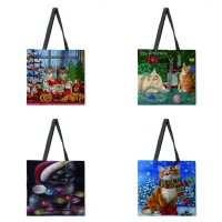 christmas cat print tote bag linen fabric bag casual folding shopping bag outdoor beach bag everyday handbag