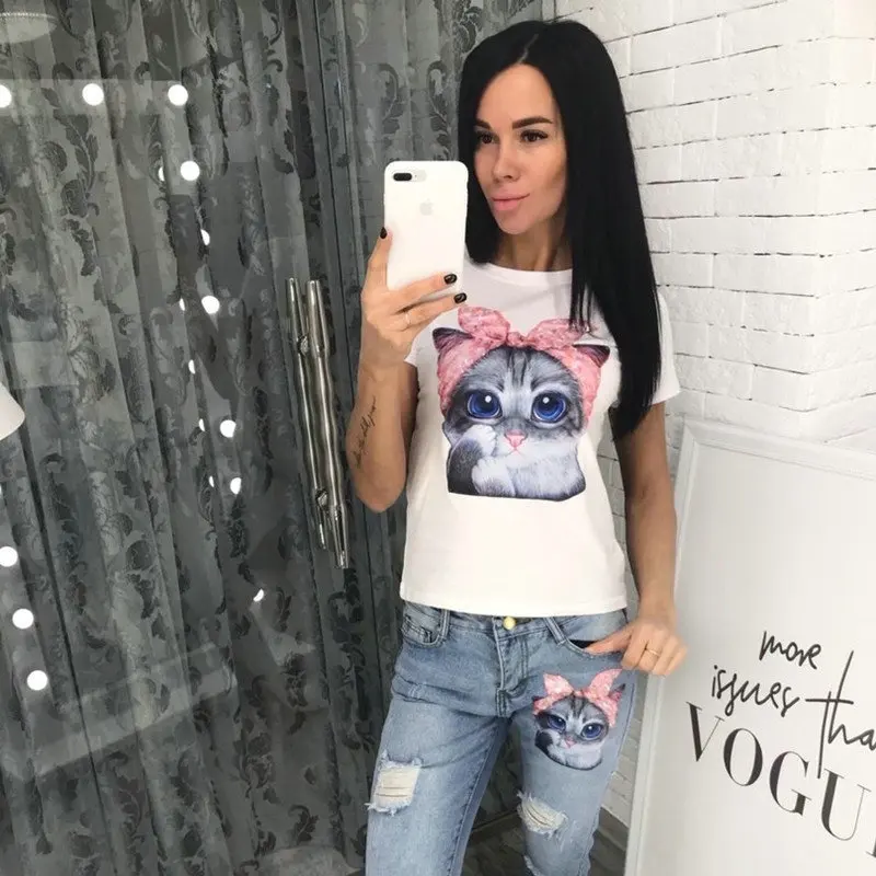 Новинка 2019 женская рубашка летняя с принтом кота круглым вырезом короткими