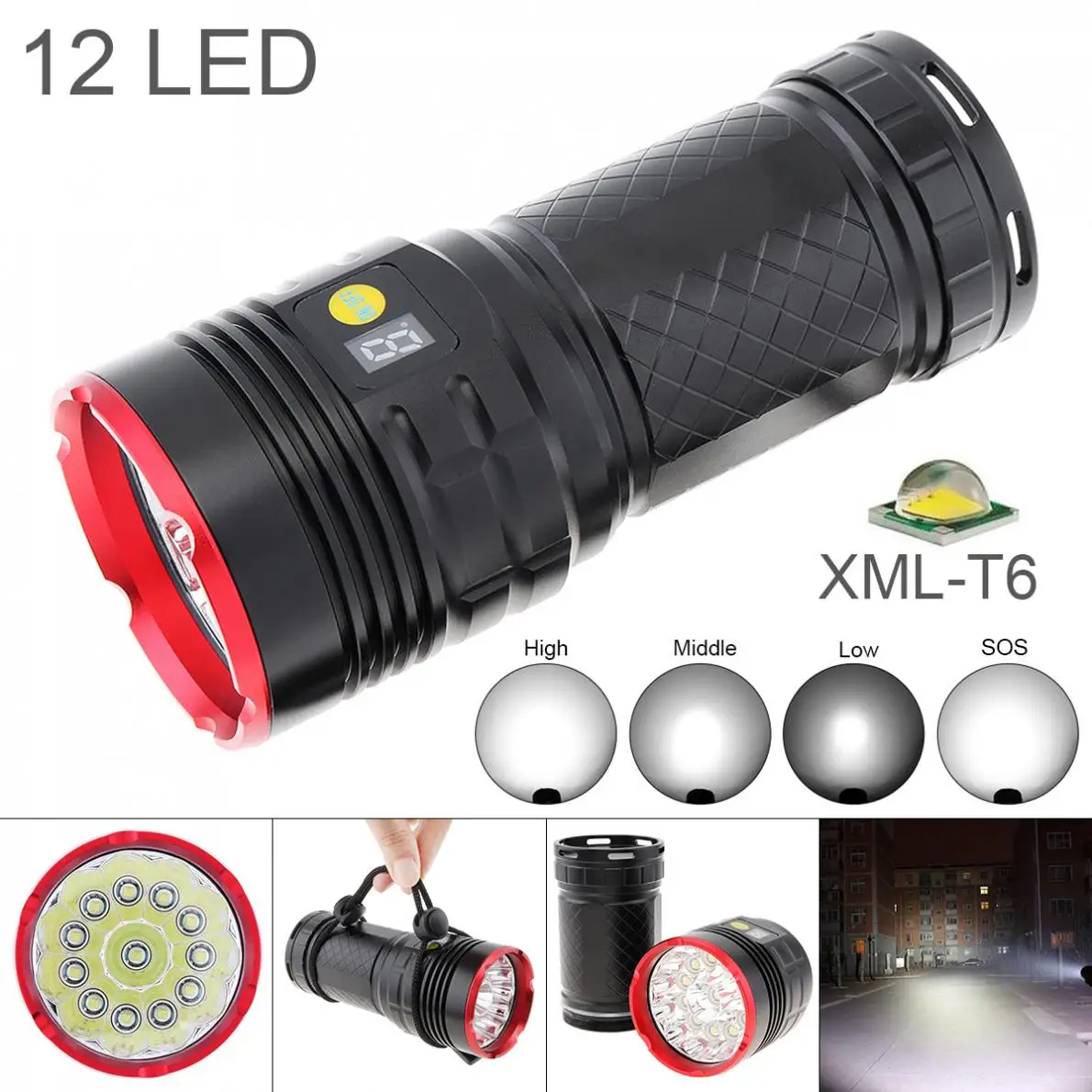 

Waterproof Power Display 7500 Lumens 12 x XML T6 LED Flashlight Spotlight Lamp Torch with 4 Modes for Outdoor Hunting/Camping